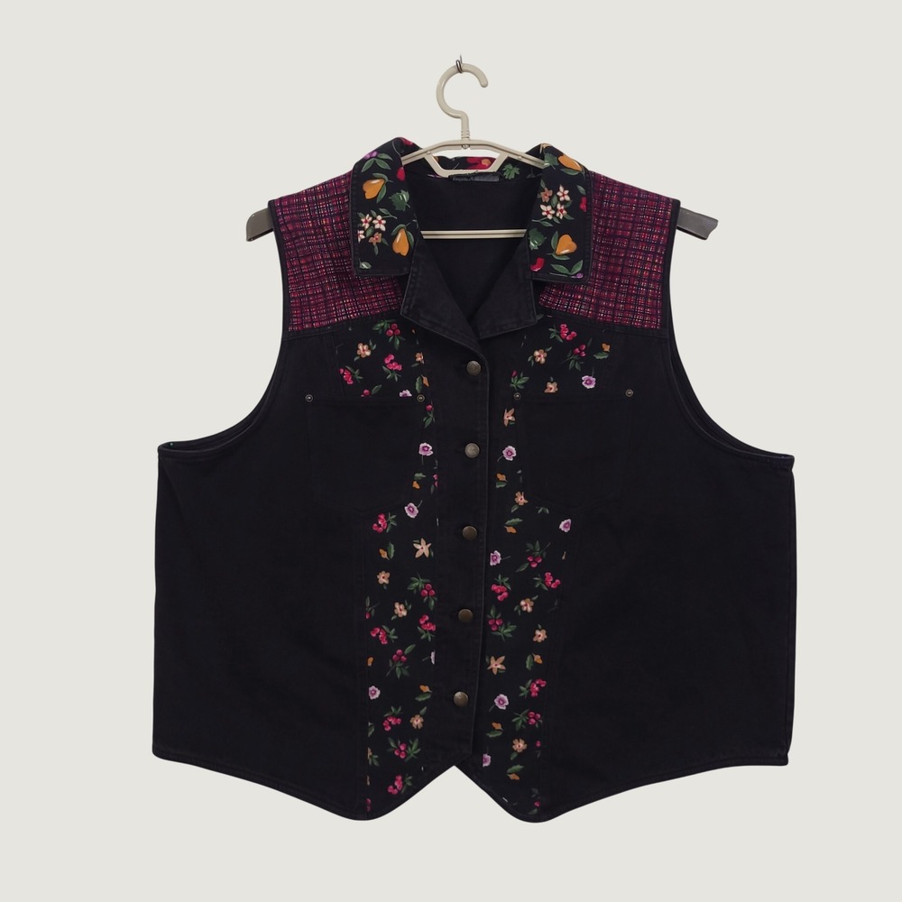 Vintage Carole Little II Denim Vest 20W Floral Boho Grunge Cottagecore Rustic